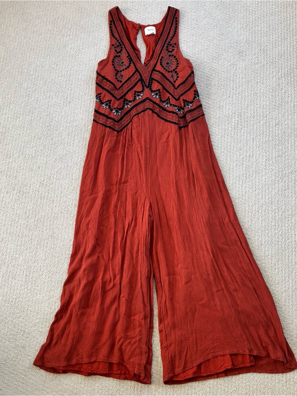 Anthropologie Maeve Sleeveless Rust Wide-Leg Jumpsuit with Black Embroidery
